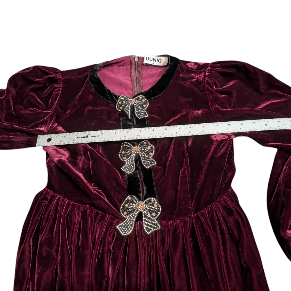 UUNIQ Burgundy Dress With Rhinestone Bows Midi Velvet The Great Gatsby Size Med - Picture 9 of 10